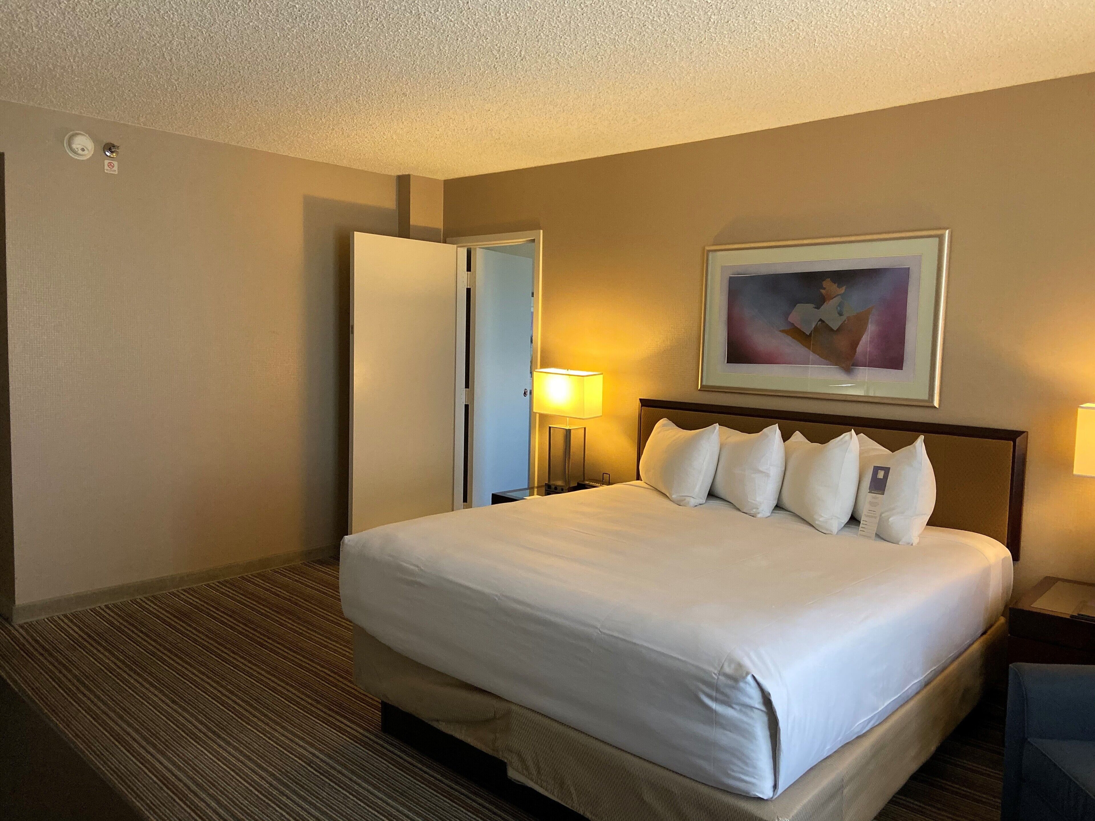 Habitación de hotel con una cama grande, una puerta, un cuadro enmarcado en la pared y una mesita de noche con lámpara.