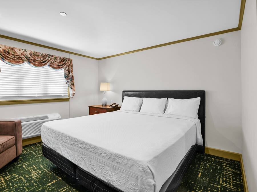 Quarto de hotel com cama, poltrona, mesa de cabeceira, luminária e janela com persianas.