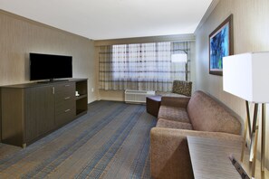 Une chambre d’hôtel équipée d’un téléviseur à écran plat, d’un canapé, d’une petite table et d’une grande fenêtre avec des rideaux.