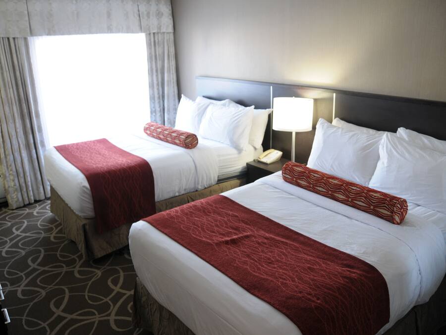 Hotelkamer met twee bedden, elk voorzien van witte lakens en rode sierkussens. Er staat een nachtkastje met een lamp en een telefoon. De kamer heeft een kamerbreed tapijt en een raam met gordijnen.