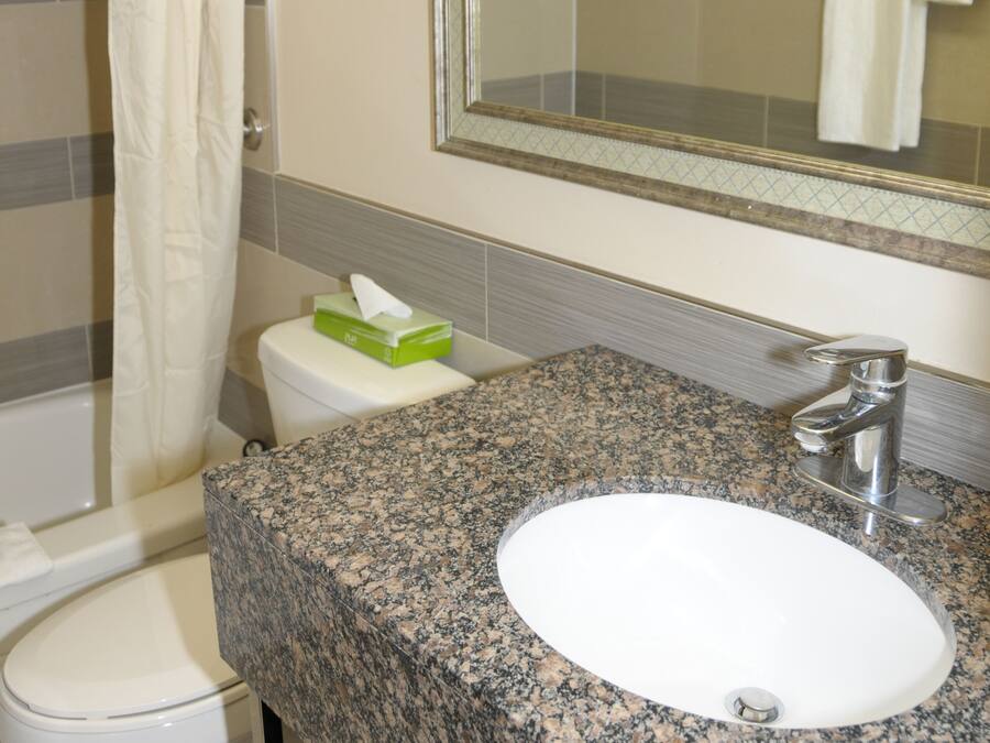 A bathroom with a white toilet, a sink with a granite countertop, and a shower with a white curtain.