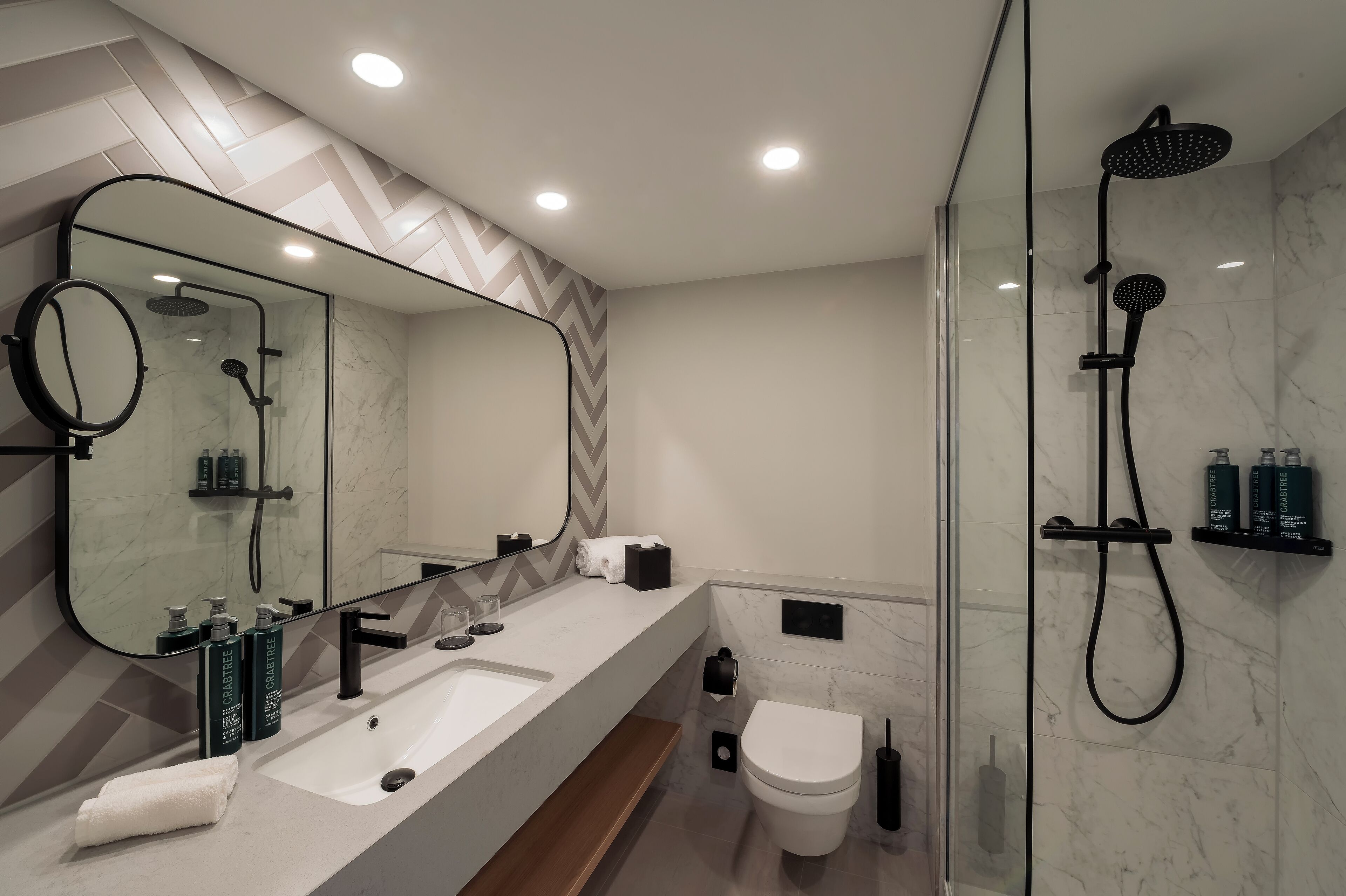 Shower, eco-friendly toiletries, hair dryer, bathrobes