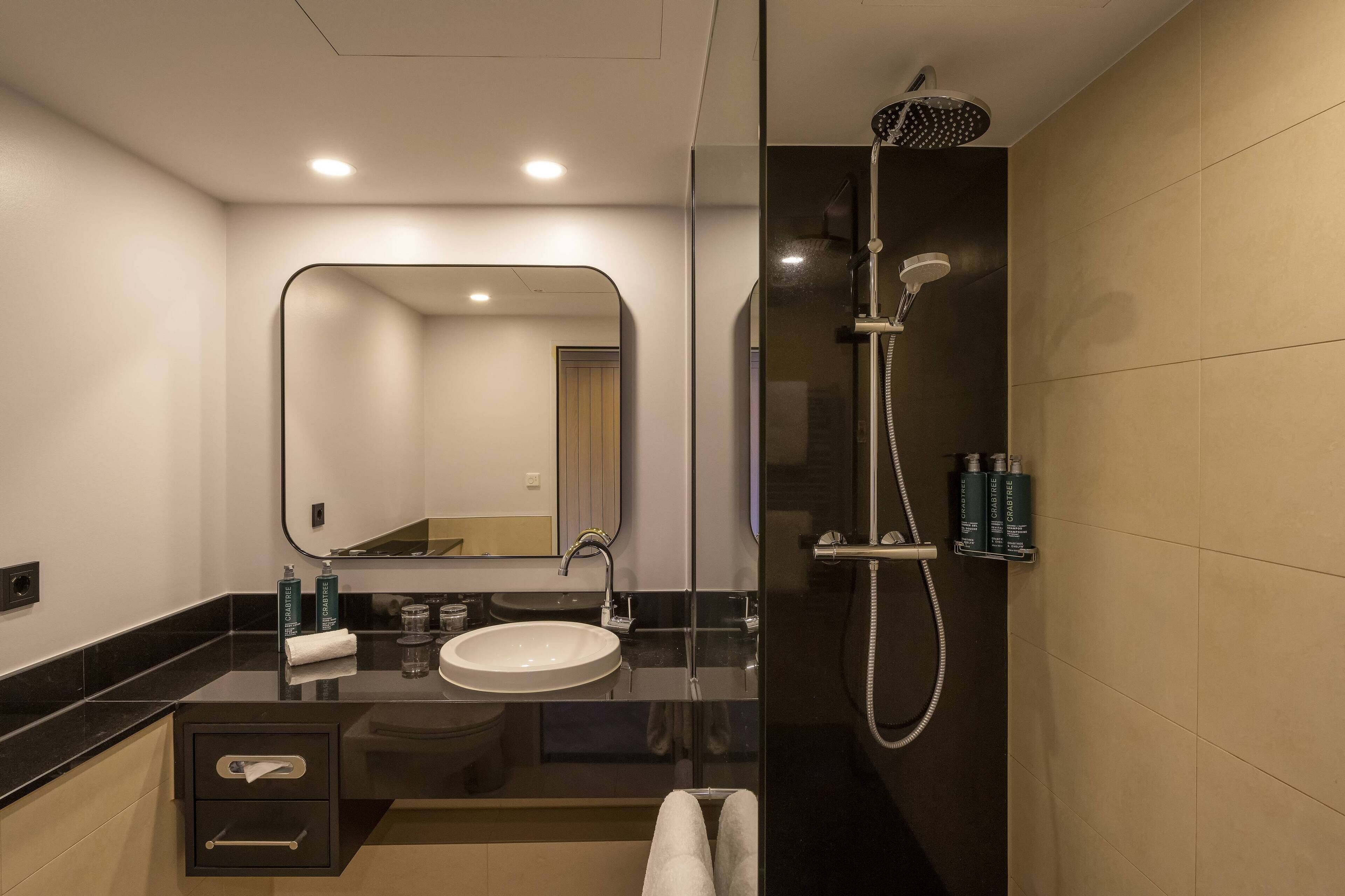 A modern bathroom with a glass-enclosed shower, a sink, and a mirror.