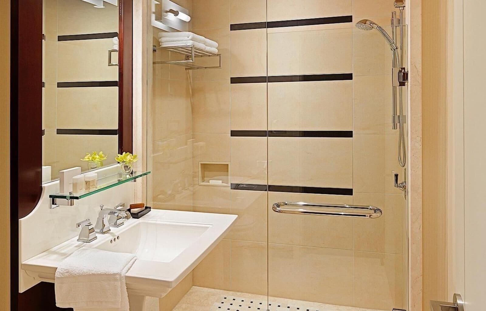 designer toiletries, hair dryer, bathrobes, towels