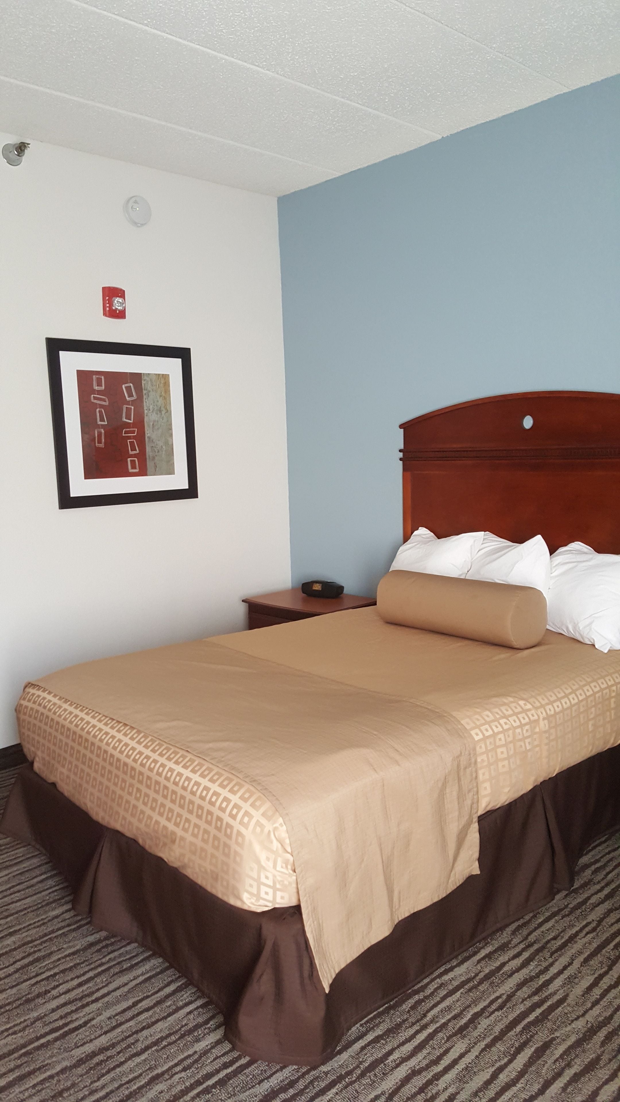 Habitación de hotel con una cama grande, cabecera de madera, un cuadro en la pared y una mesita de noche.