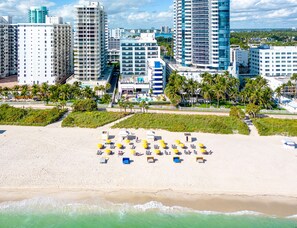 A beach with sun loungers and umbrellas, surrounded by high-rise buildings and palm trees. - Hilton Cabana Miami Beach Resort (Miami Beach)