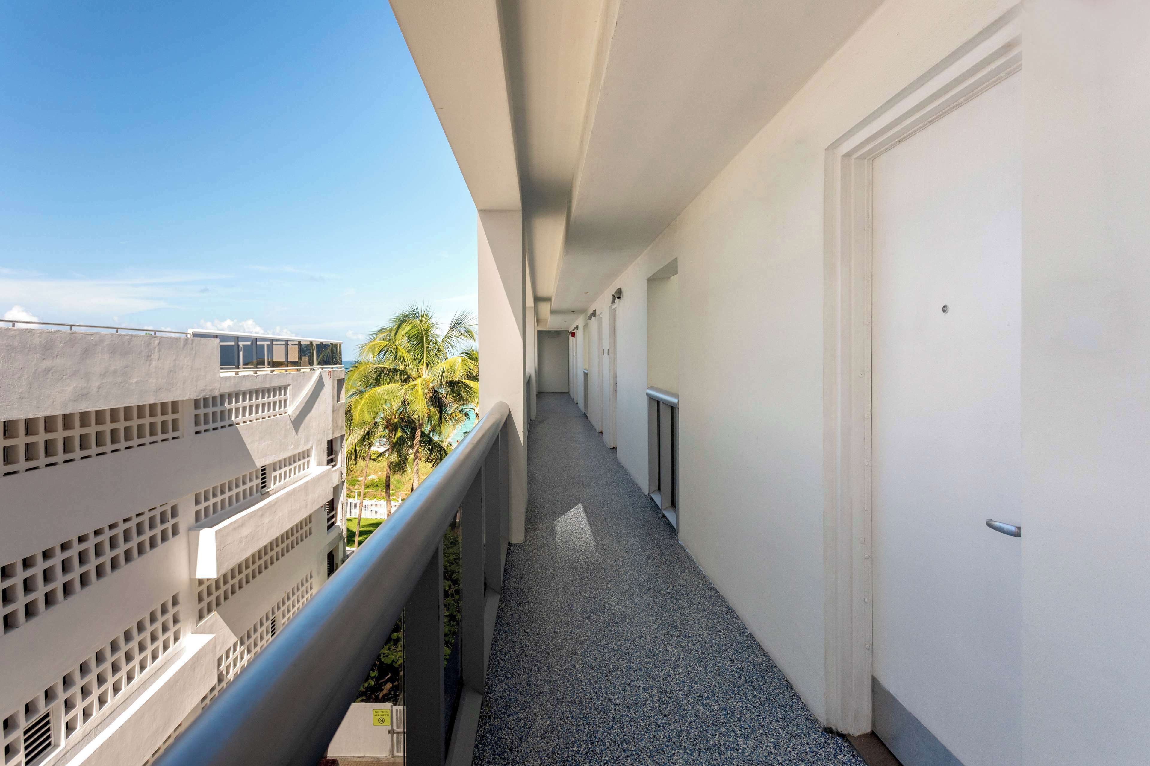 A corridor with a balcony, white walls, and a view of palm trees and buildings.