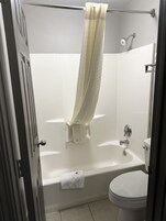Un baño con bañera, inodoro y ducha.