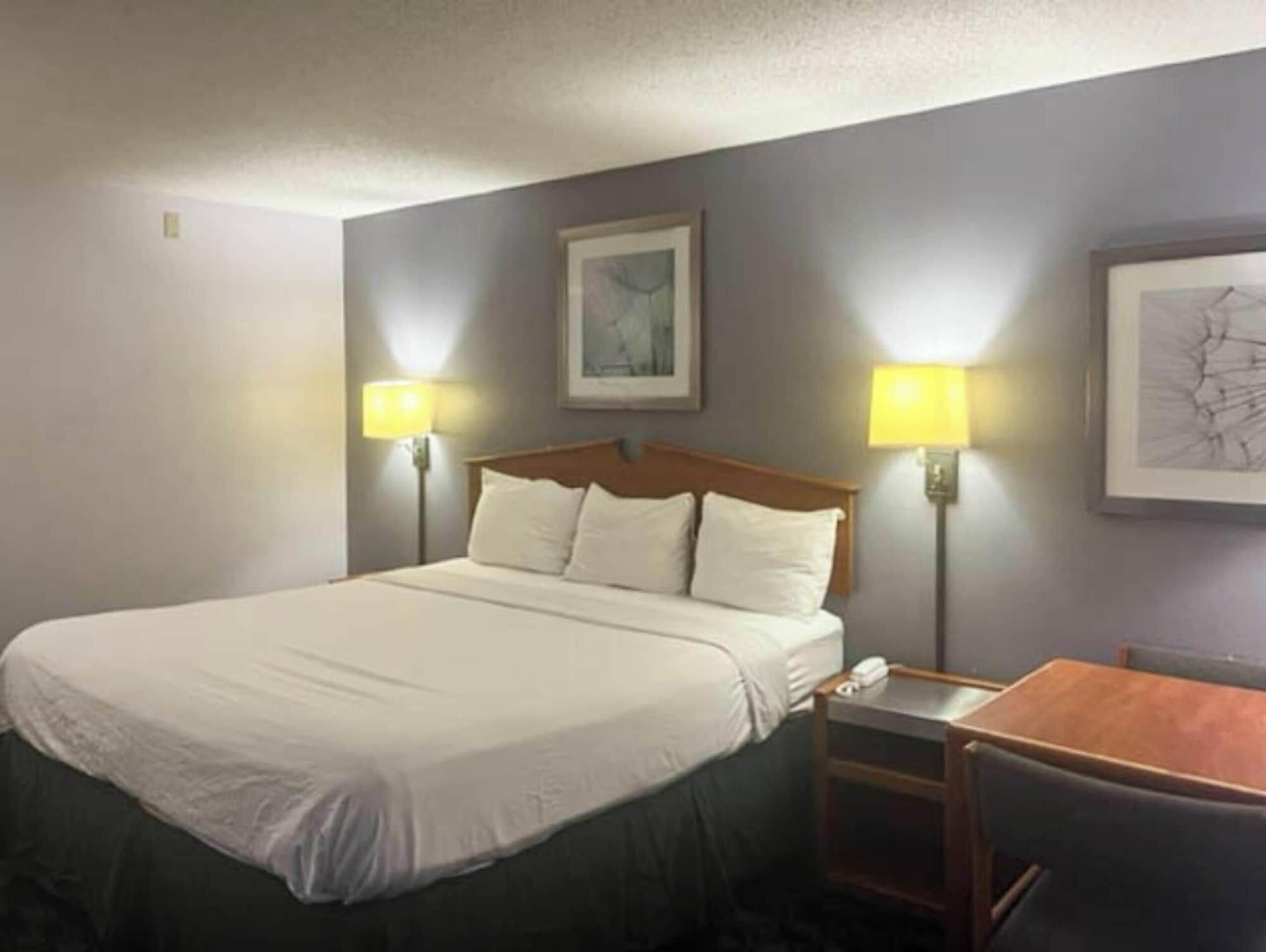 Desk, laptop workspace, blackout curtains, bed sheets