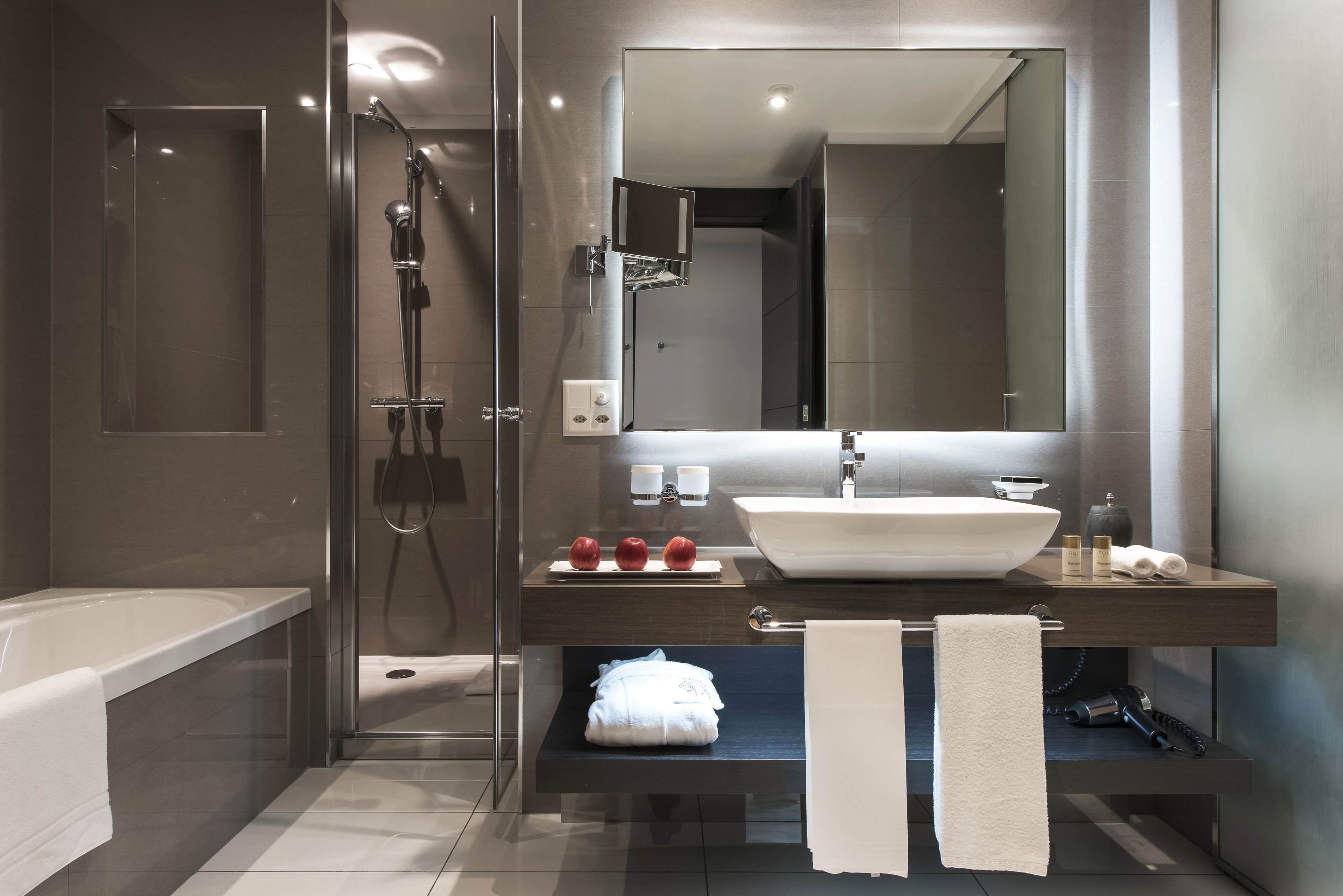 free toiletries, hair dryer, bathrobes, slippers