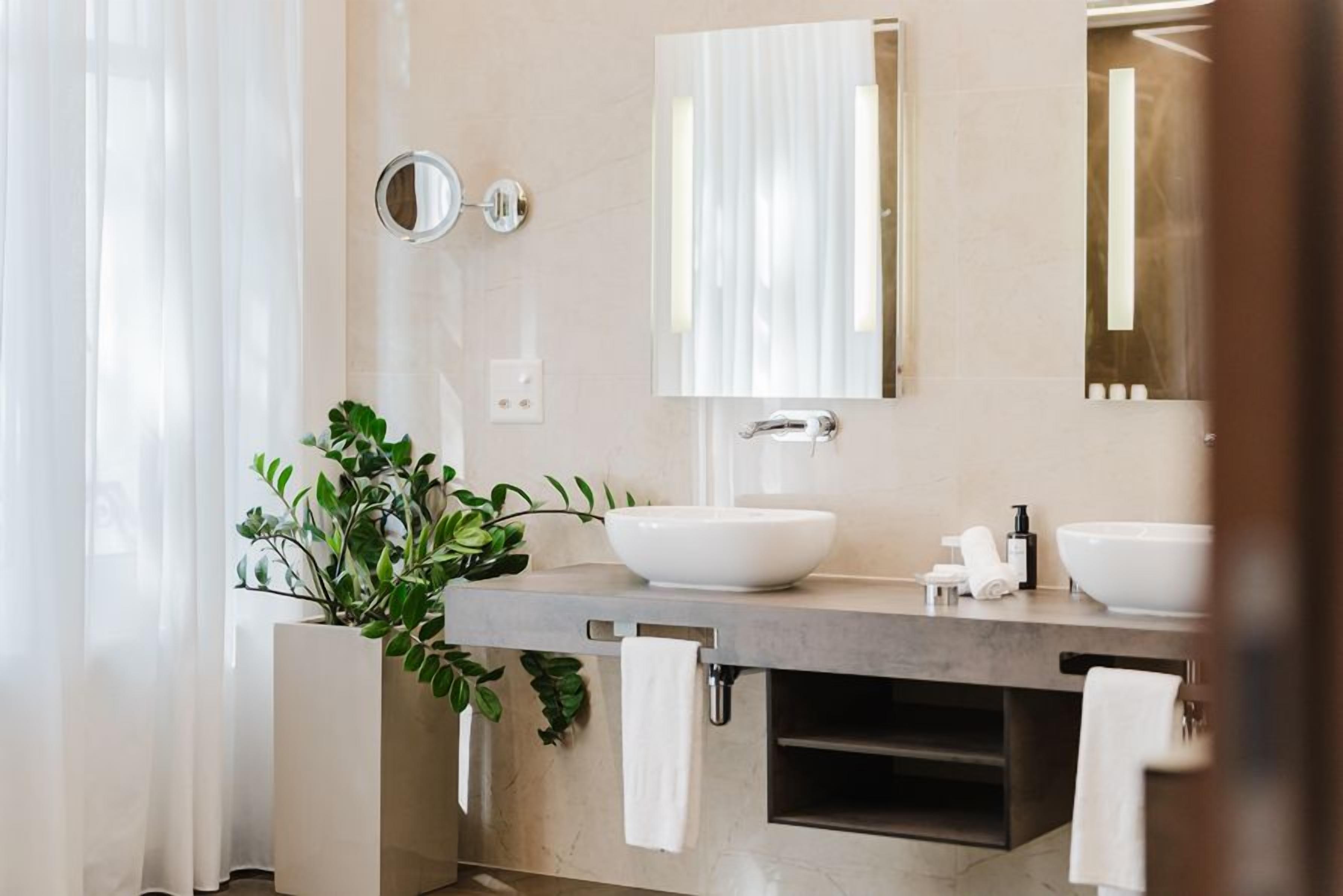 Une salle de bain moderne avec deux lavabos, un grand miroir et une plante en pot.