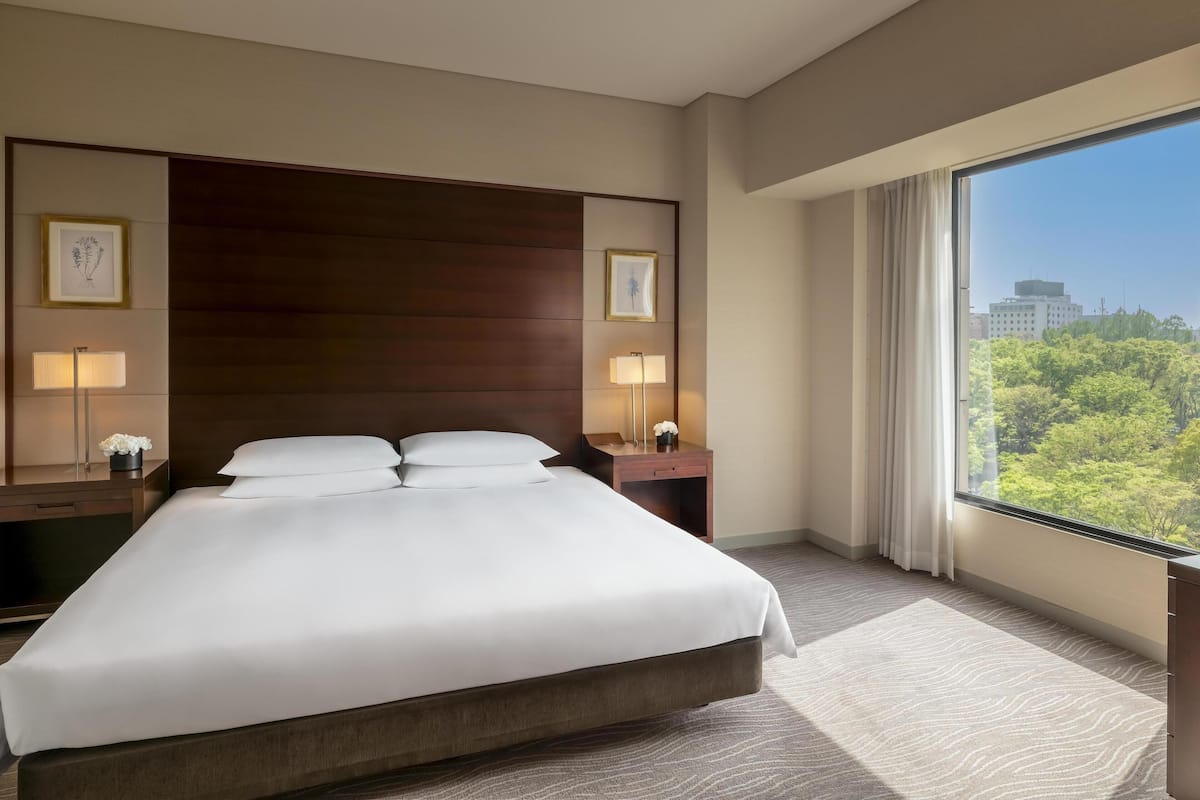 A hotel room with a large bed, two bedside tables with lamps, a view of trees through a window, and a cityscape in the distance.