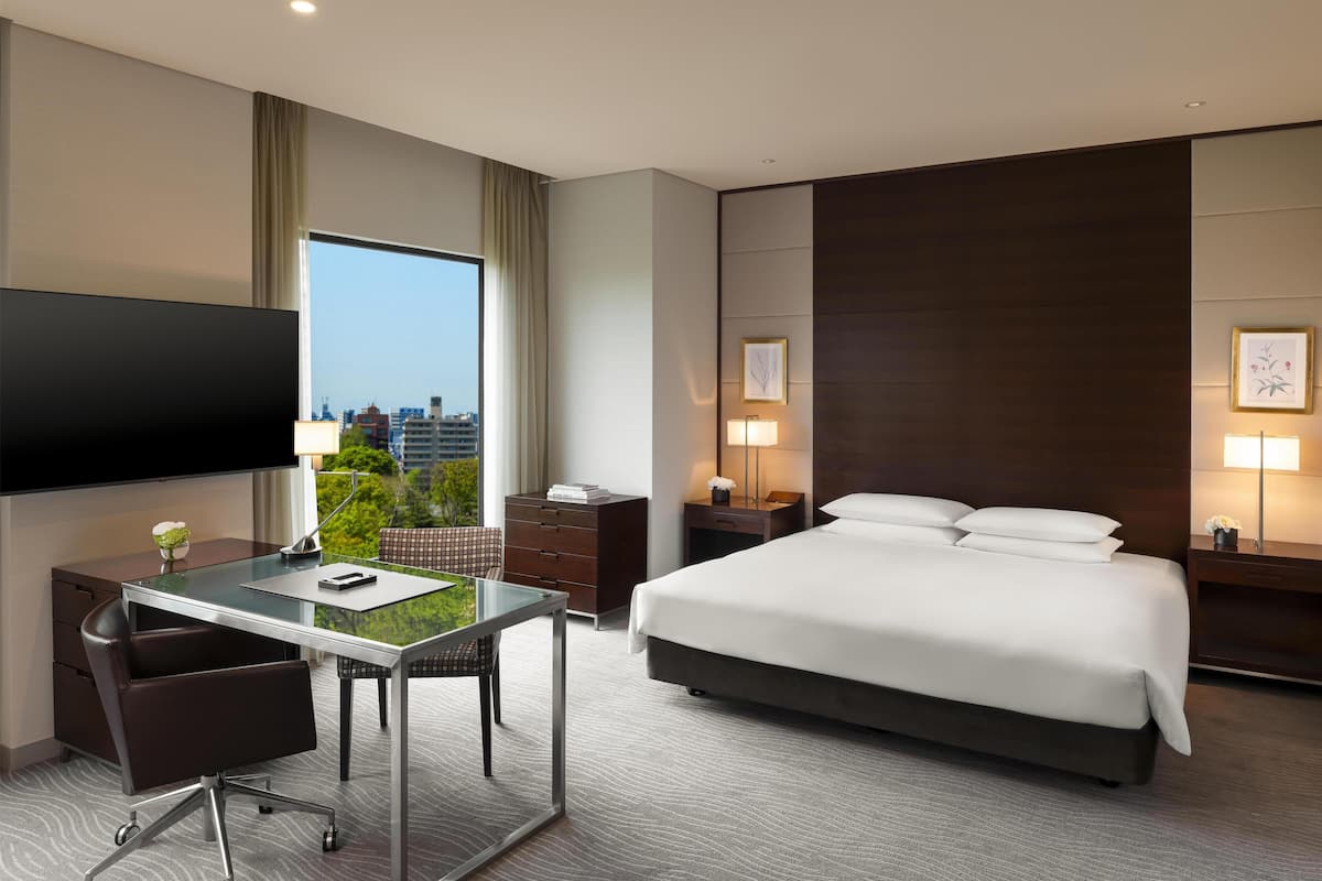 A hotel room with a bed, desk, chair, TV, and city view.