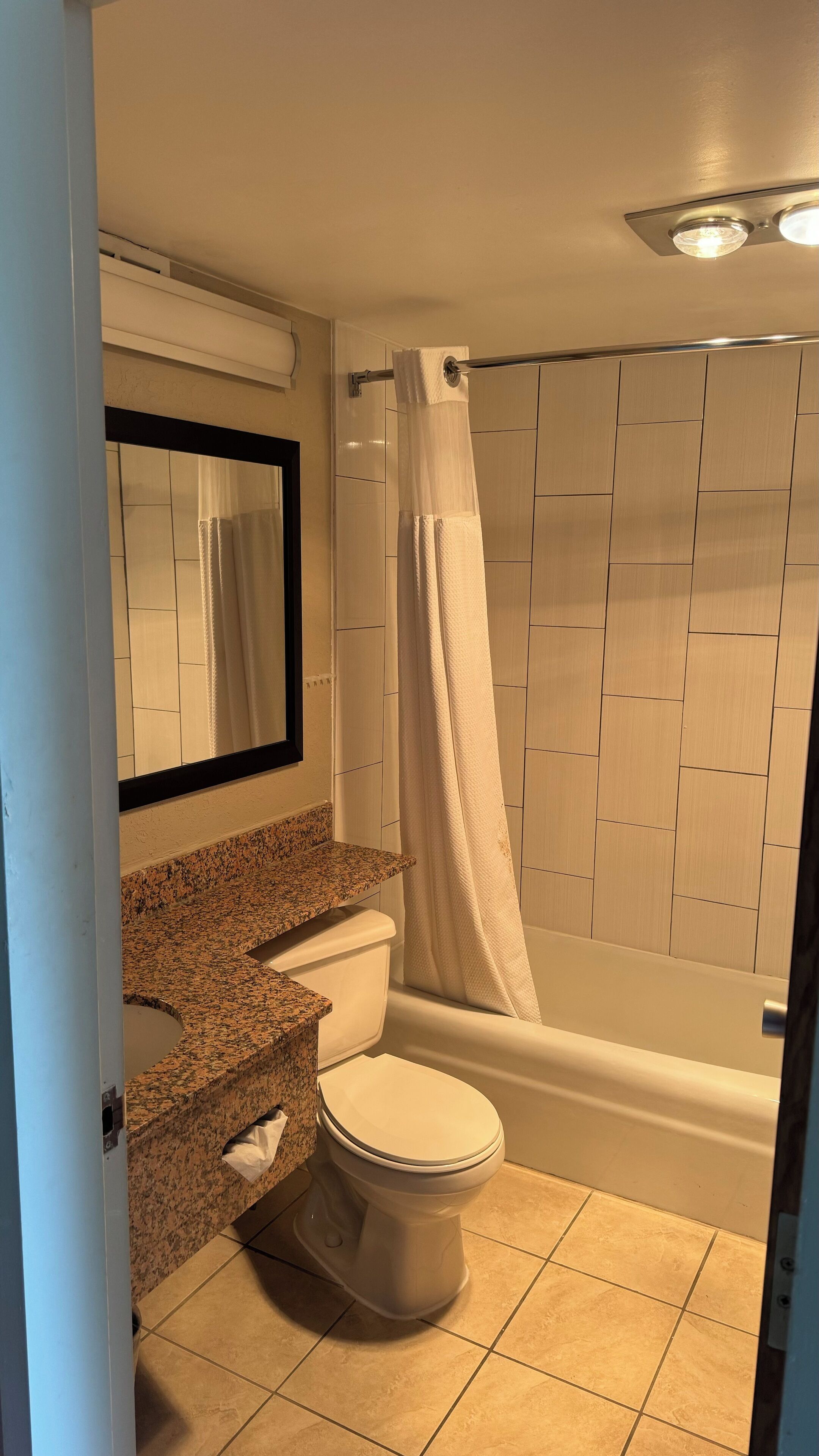 combined shower/bathtub, free toiletries, hair dryer, towels