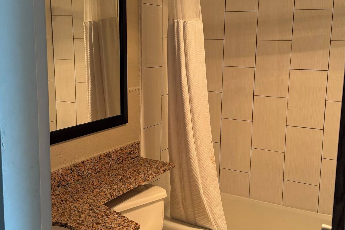 combined shower/bathtub, free toiletries, hair dryer, towels