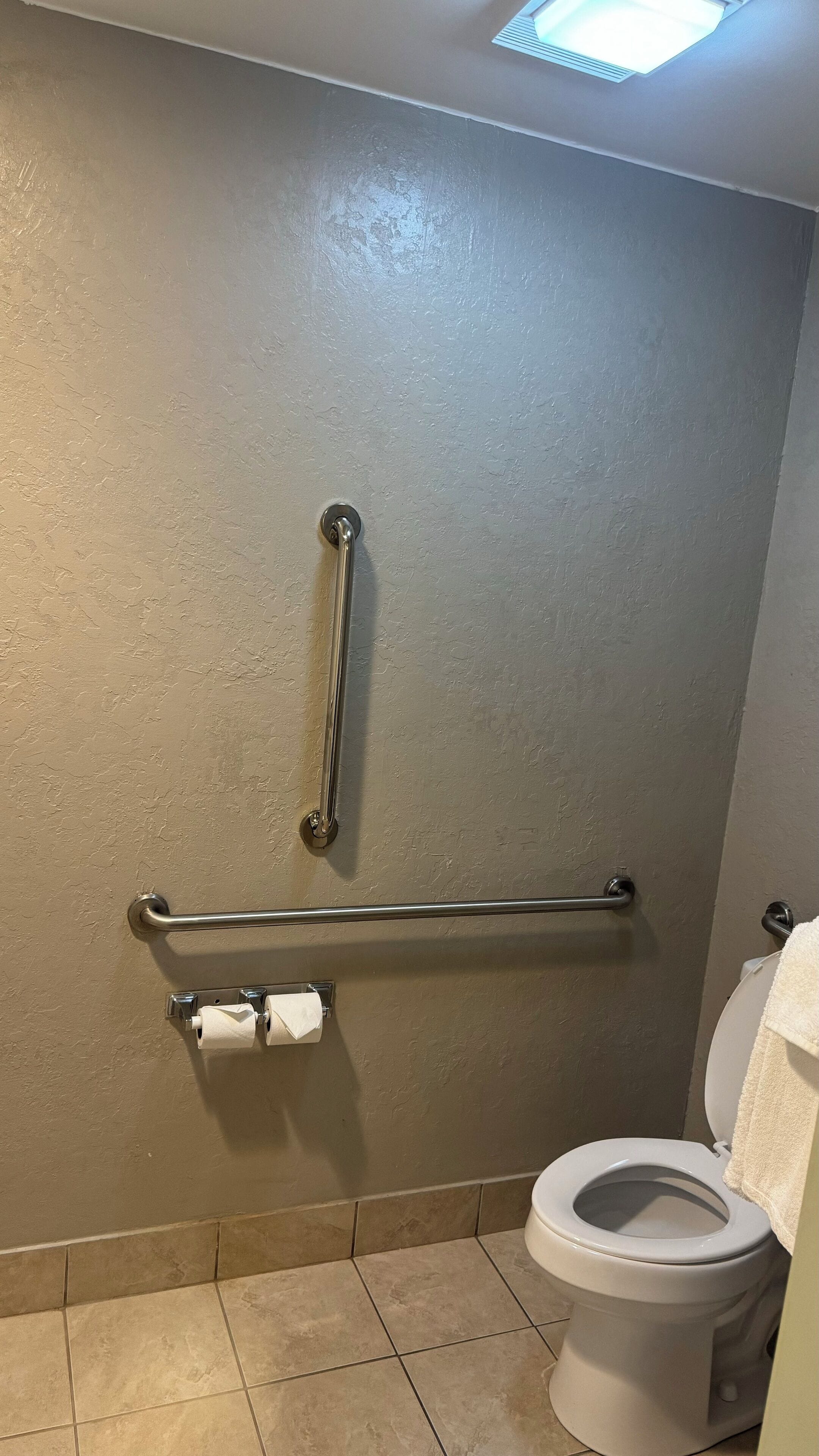 Un baño con inodoro, barras de apoyo y toallero.