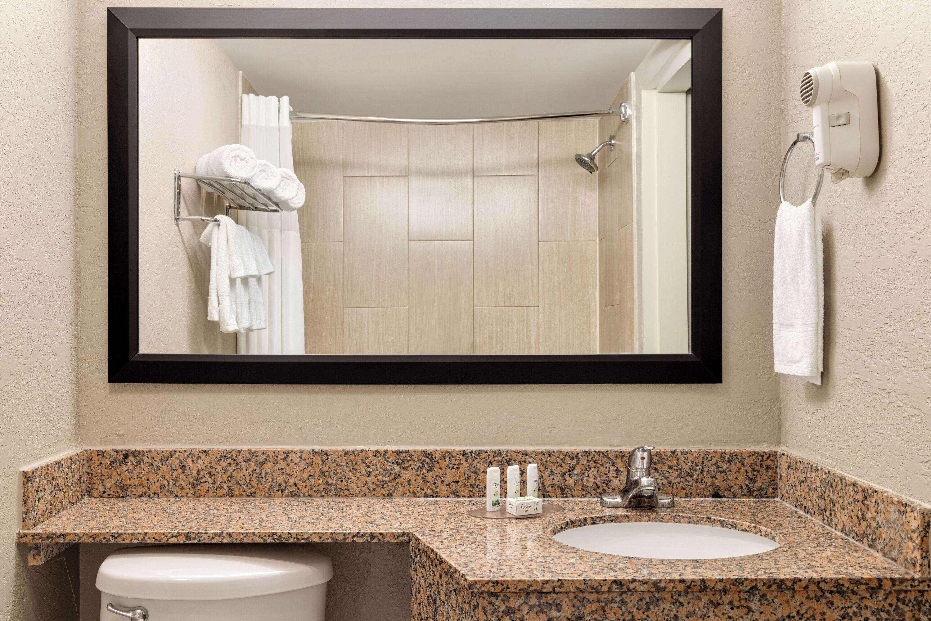 combined shower/bathtub, free toiletries, hair dryer, towels