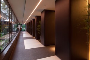 A modern corridor with glass walls, recessed lighting, and potted plants.