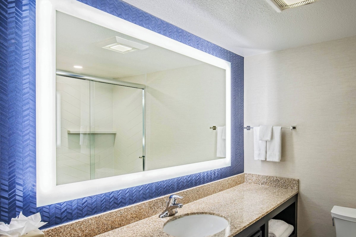 combined shower/bathtub, free toiletries, hair dryer, towels