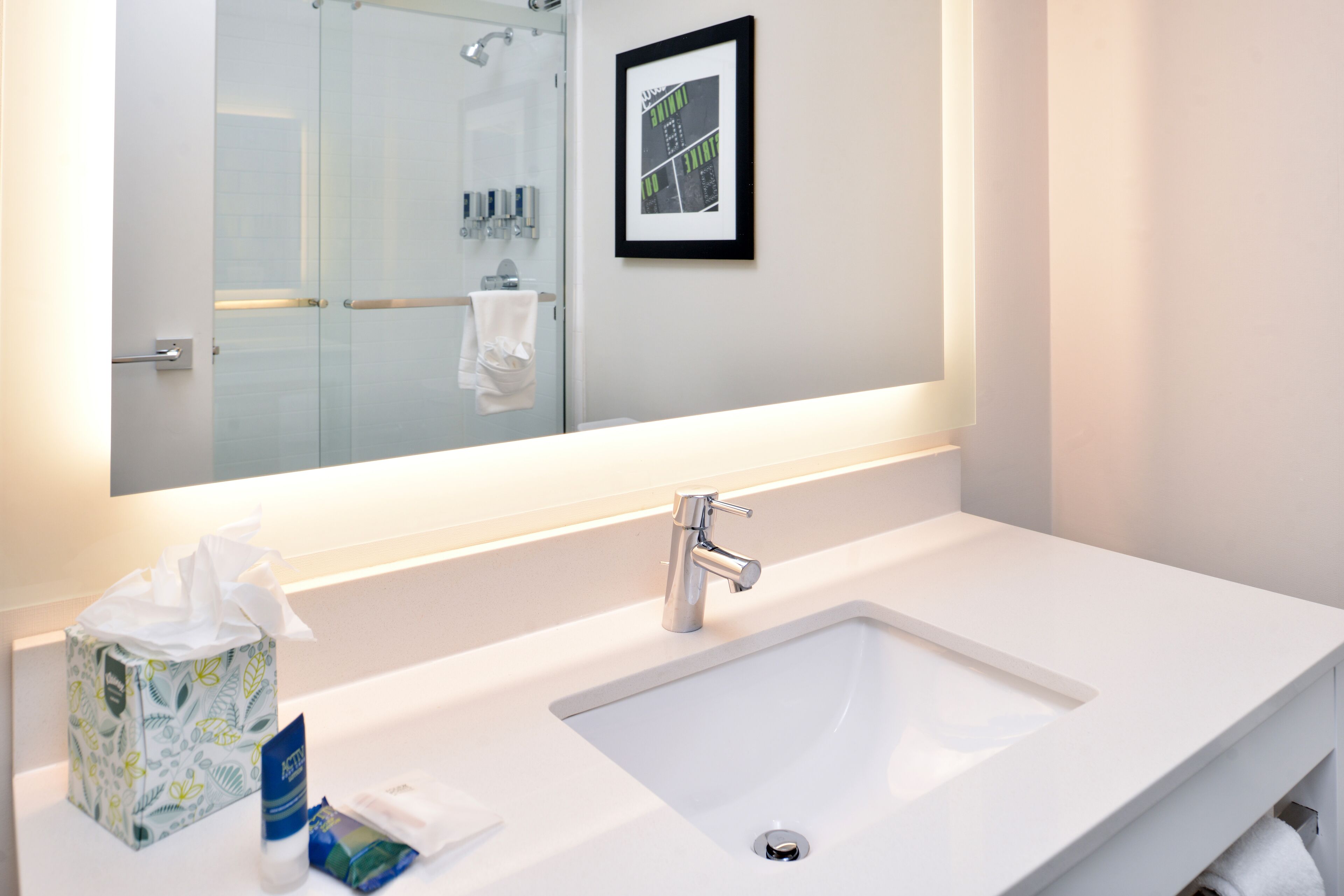 combined shower/bathtub, free toiletries, hair dryer, towels