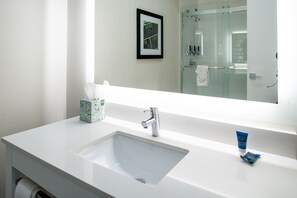 Combined shower/tub, free toiletries, hair dryer, towels