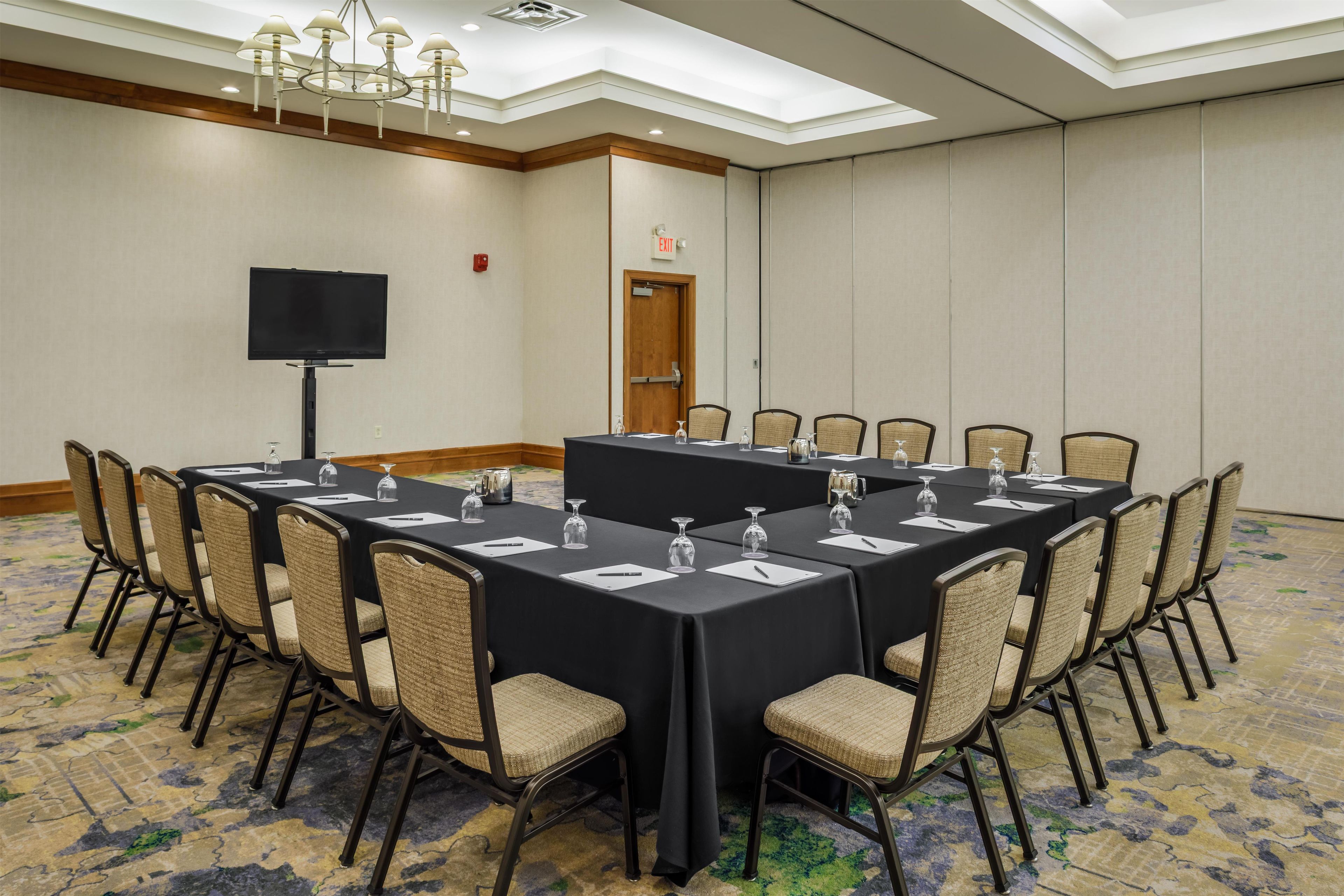 A conference room with a long table, chairs, a flat-screen TV, and a ceiling light fixture.