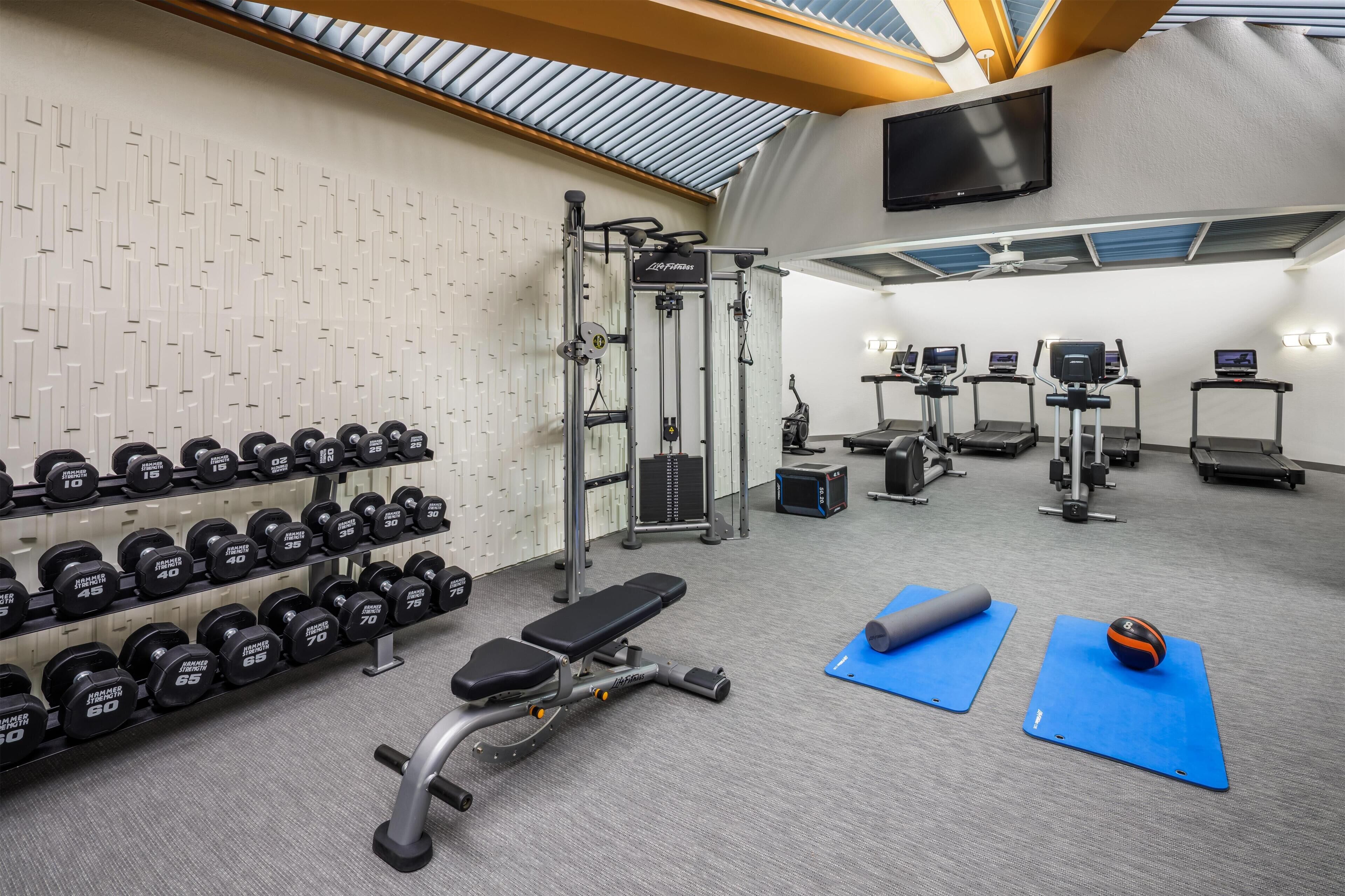 A gym with weightlifting equipment, treadmills, and exercise mats.