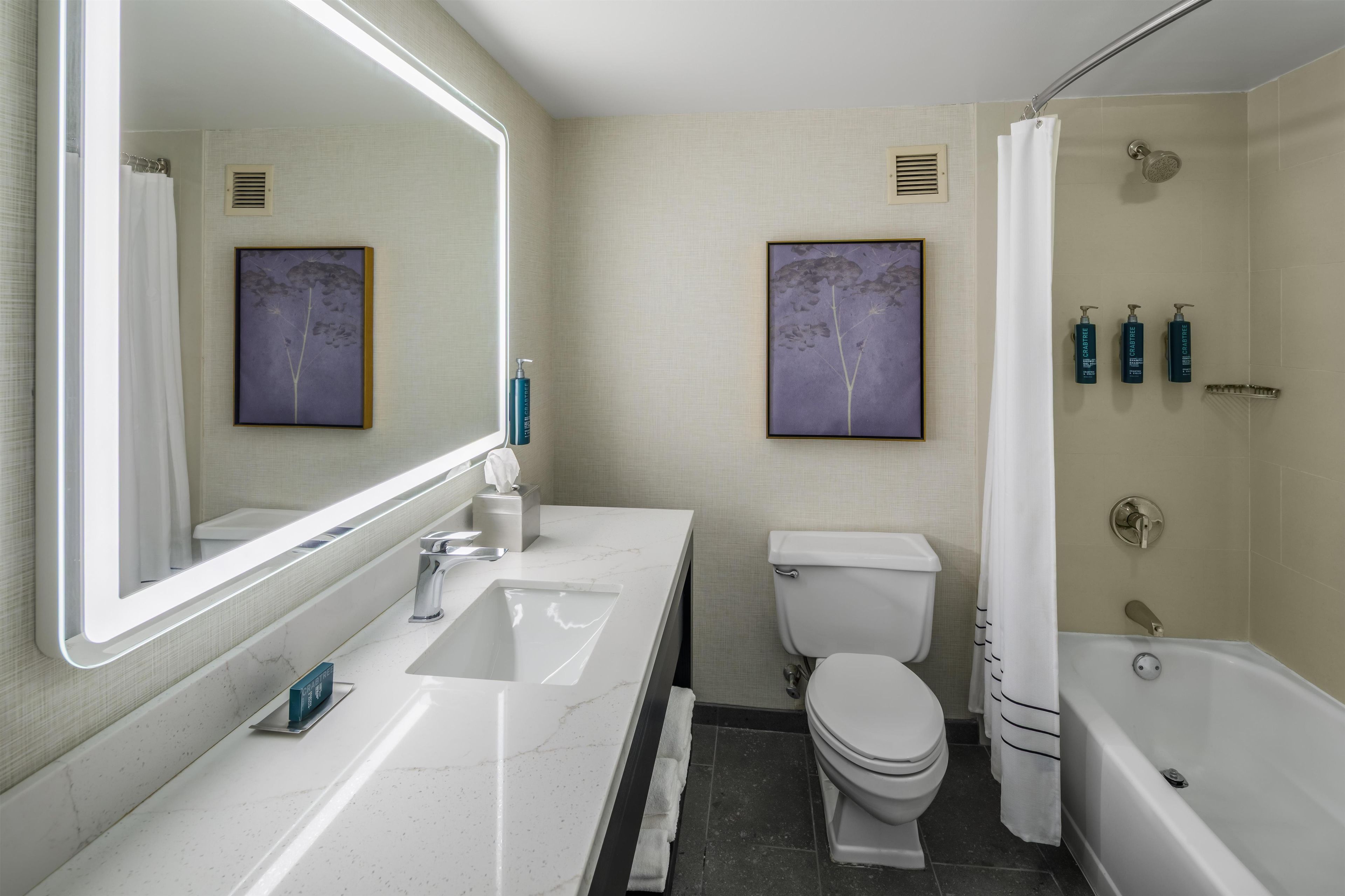 A modern bathroom with a large mirror, a sink, a toilet, and a bathtub.