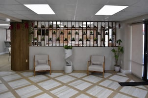 Un área de recepción con dos sillas, una planta decorativa y un piso con diseño.