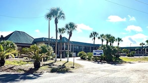 A hotel with a green roof, palm trees, and a sign for Rodeway Inn.