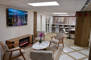 Un salón moderno con chimenea, asientos cómodos, un televisor y una planta decorativa.
