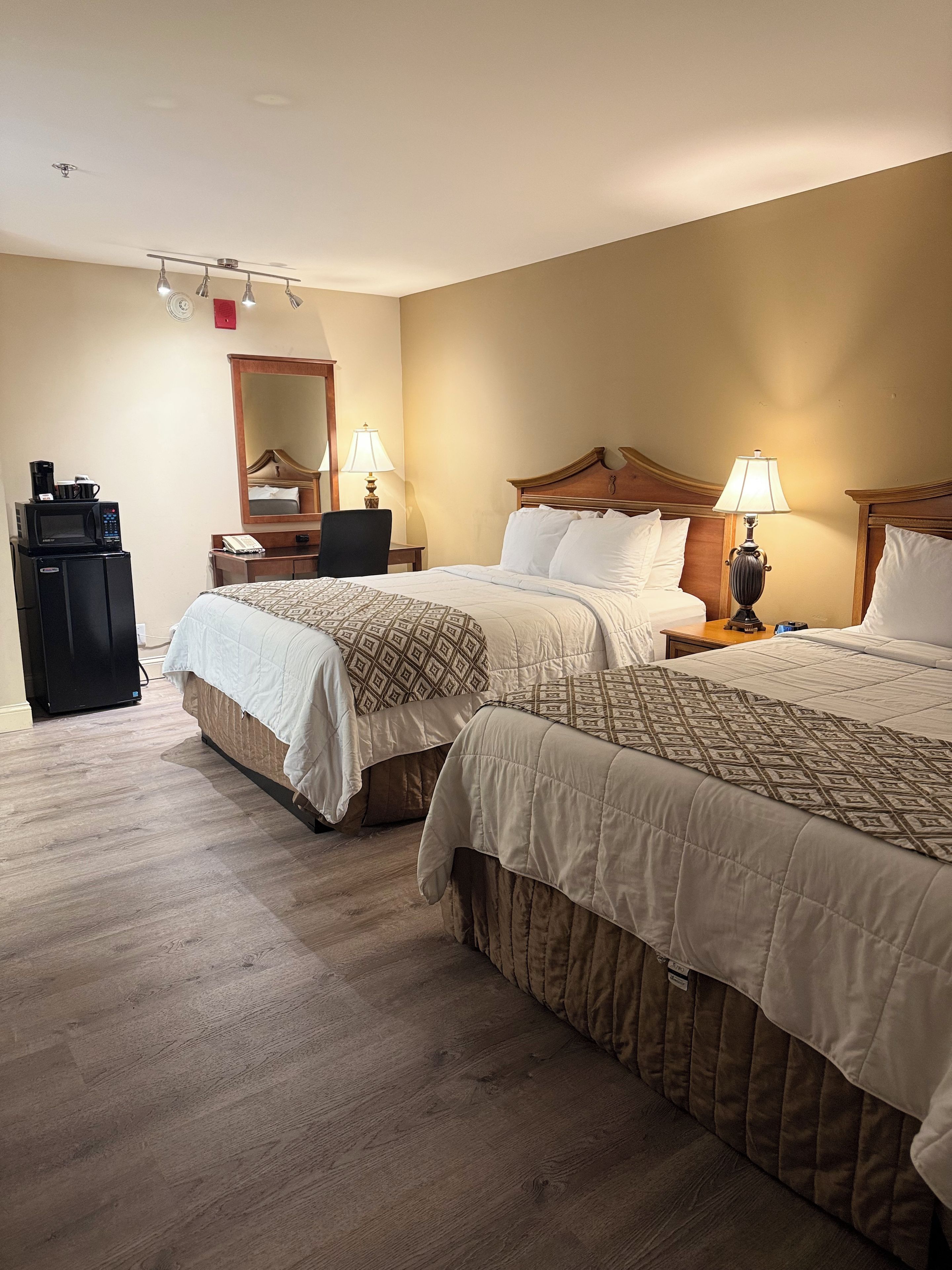 Habitación de hotel con dos camas, un escritorio, un espejo y un minibar.