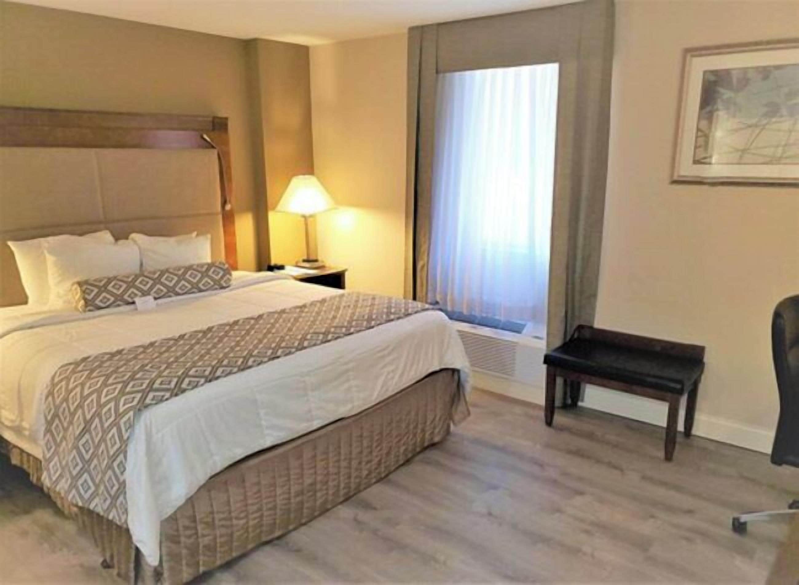 A hotel room with a bed, bedside table, lamp, window with curtains, and a chair.