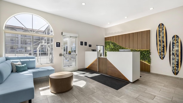 A modern reception area with a large arched window, a reception desk, a blue sofa, and a round wooden table.