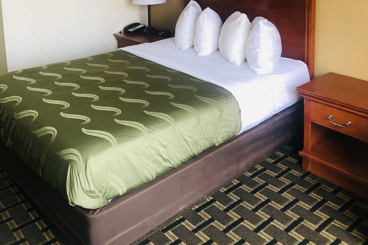Une chambre d’hôtel avec un lit, une table de chevet avec une lampe, un téléphone et un tableau encadré au mur.
