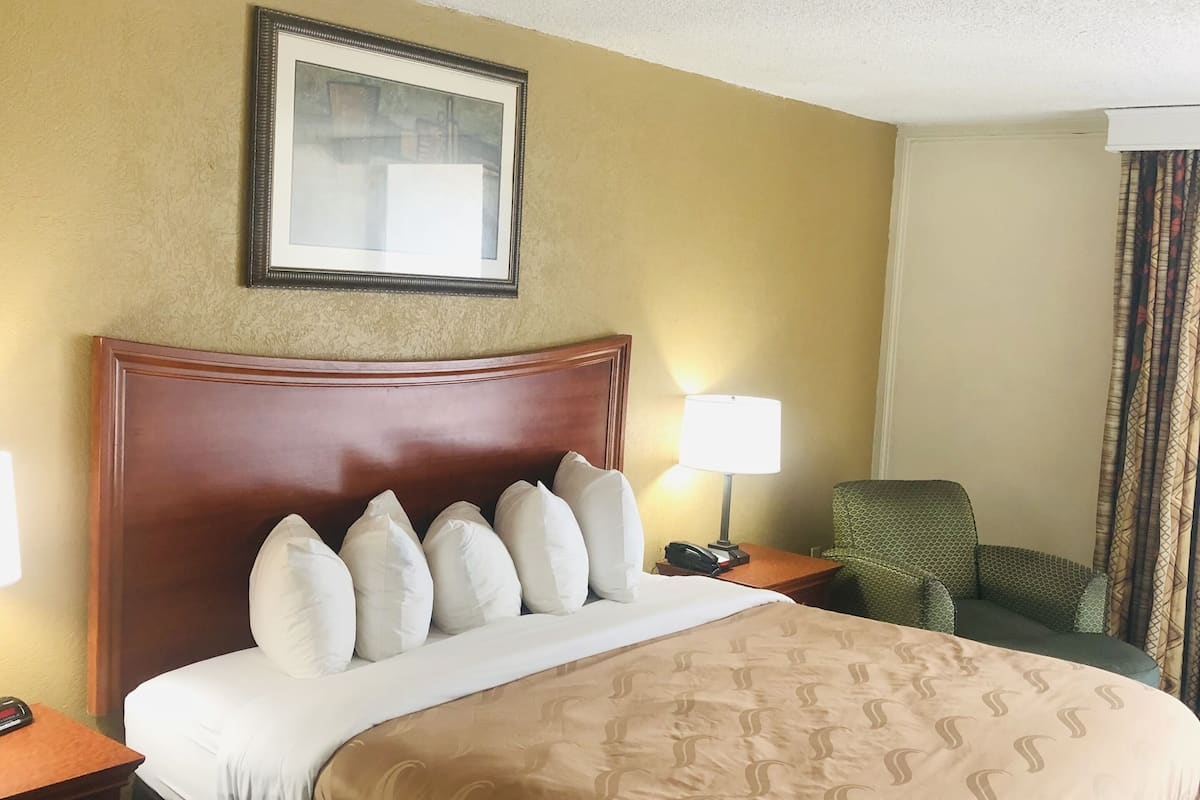 Une chambre d’hôtel avec un grand lit, une tête de lit, un tableau encadré au mur, une lampe, une chaise et une moquette à motifs.