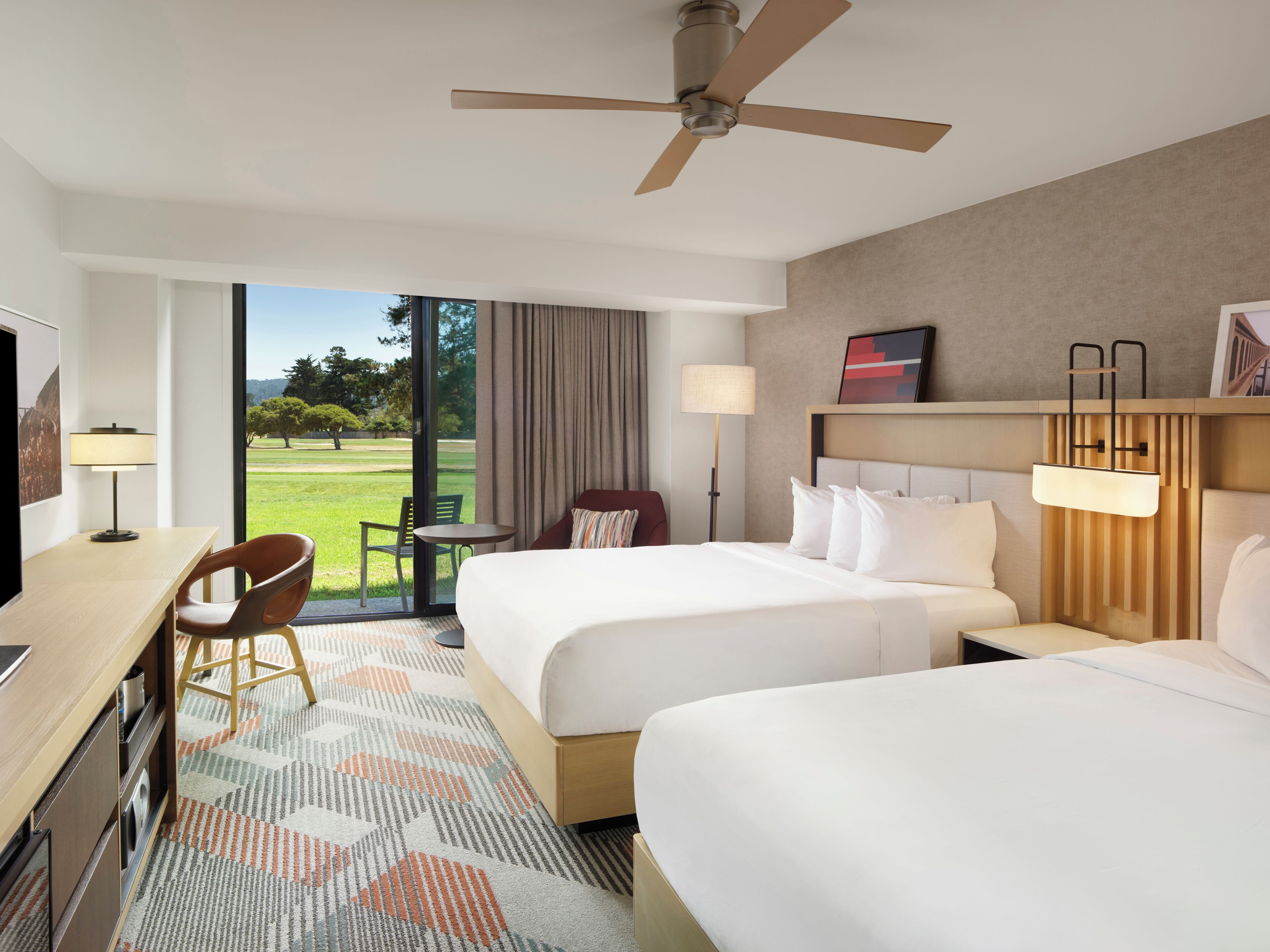 Room, 2 Queen Beds, Patio, Golf View | Premium bedding, down comforters, pillowtop beds, in-room safe
