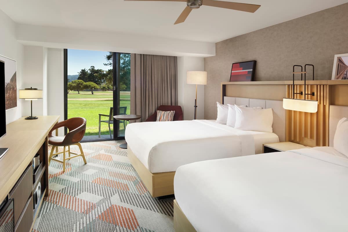 Room, 2 Queen Beds, Patio, Golf View | Premium bedding, down comforters, pillowtop beds, in-room safe