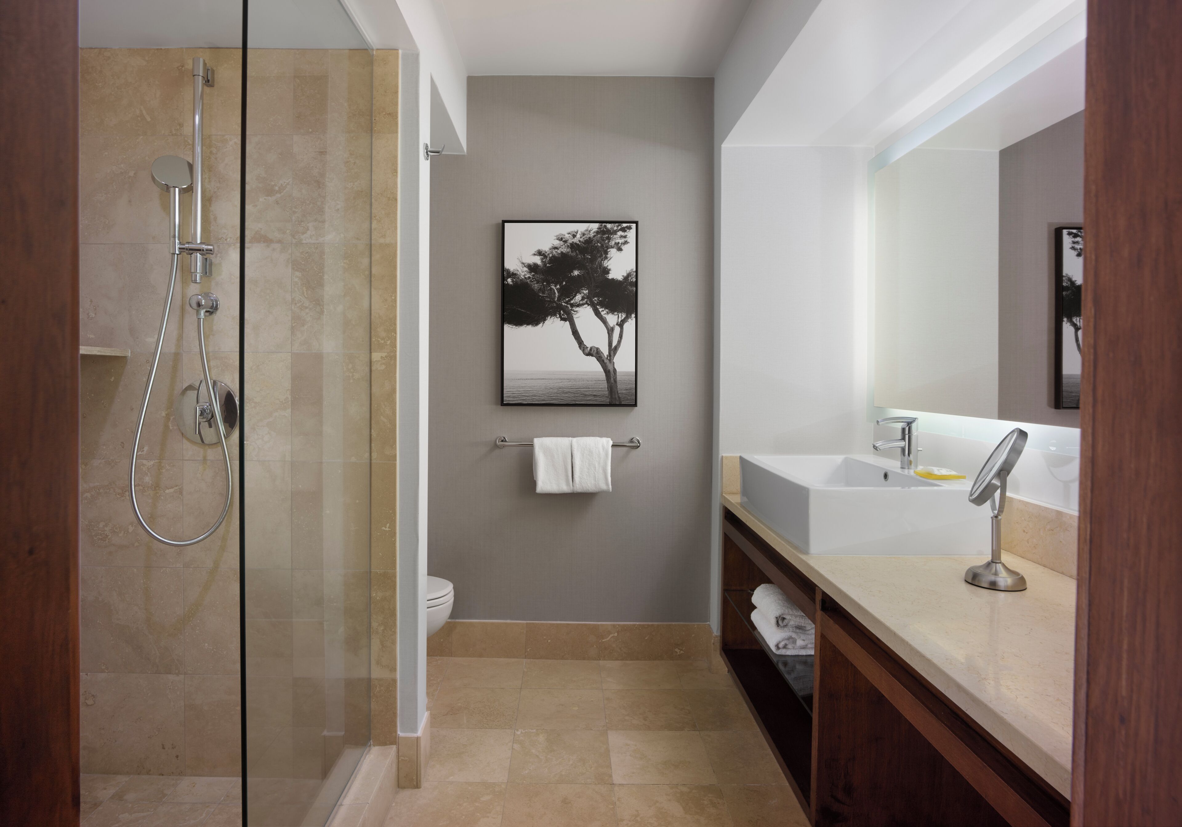 Designer toiletries, hair dryer, bathrobes, slippers