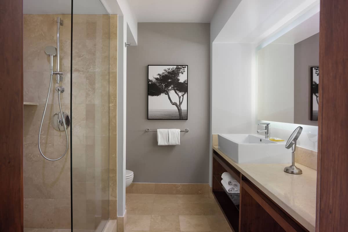 Designer toiletries, hair dryer, bathrobes, slippers