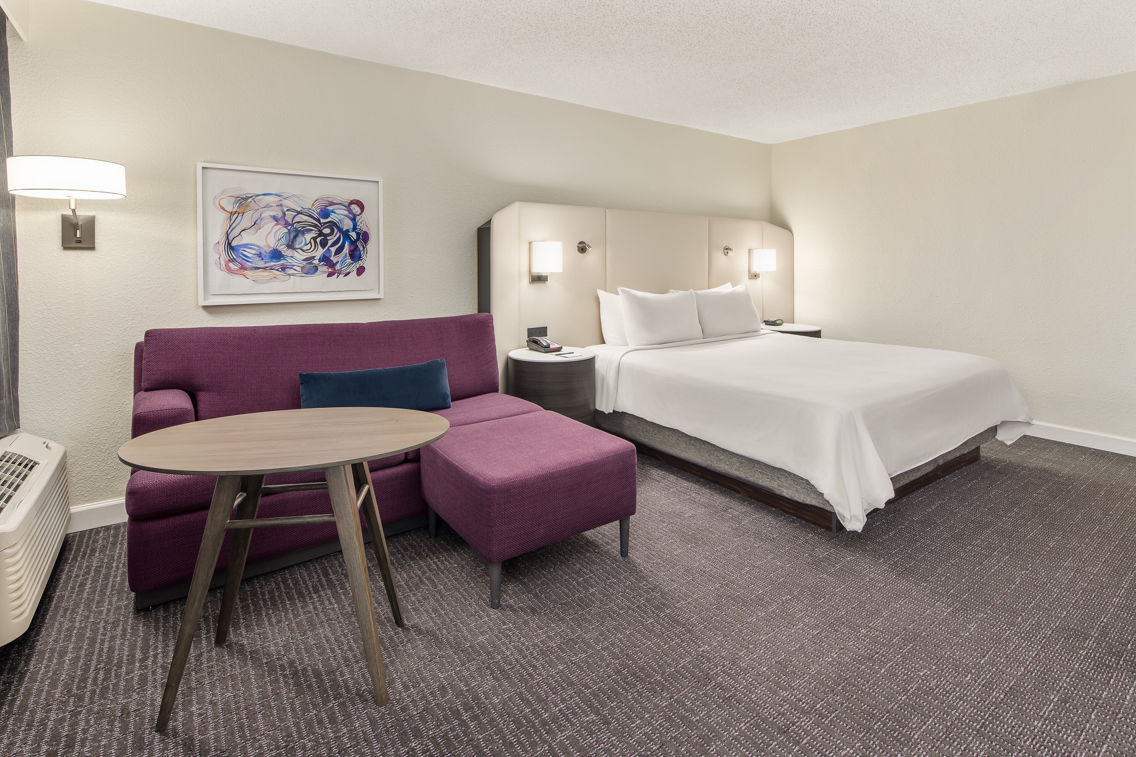 Desk, laptop workspace, blackout curtains, iron/ironing board