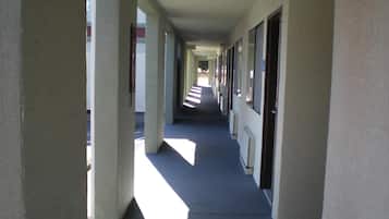 A corridor with a blue carpet, white walls, and columns.