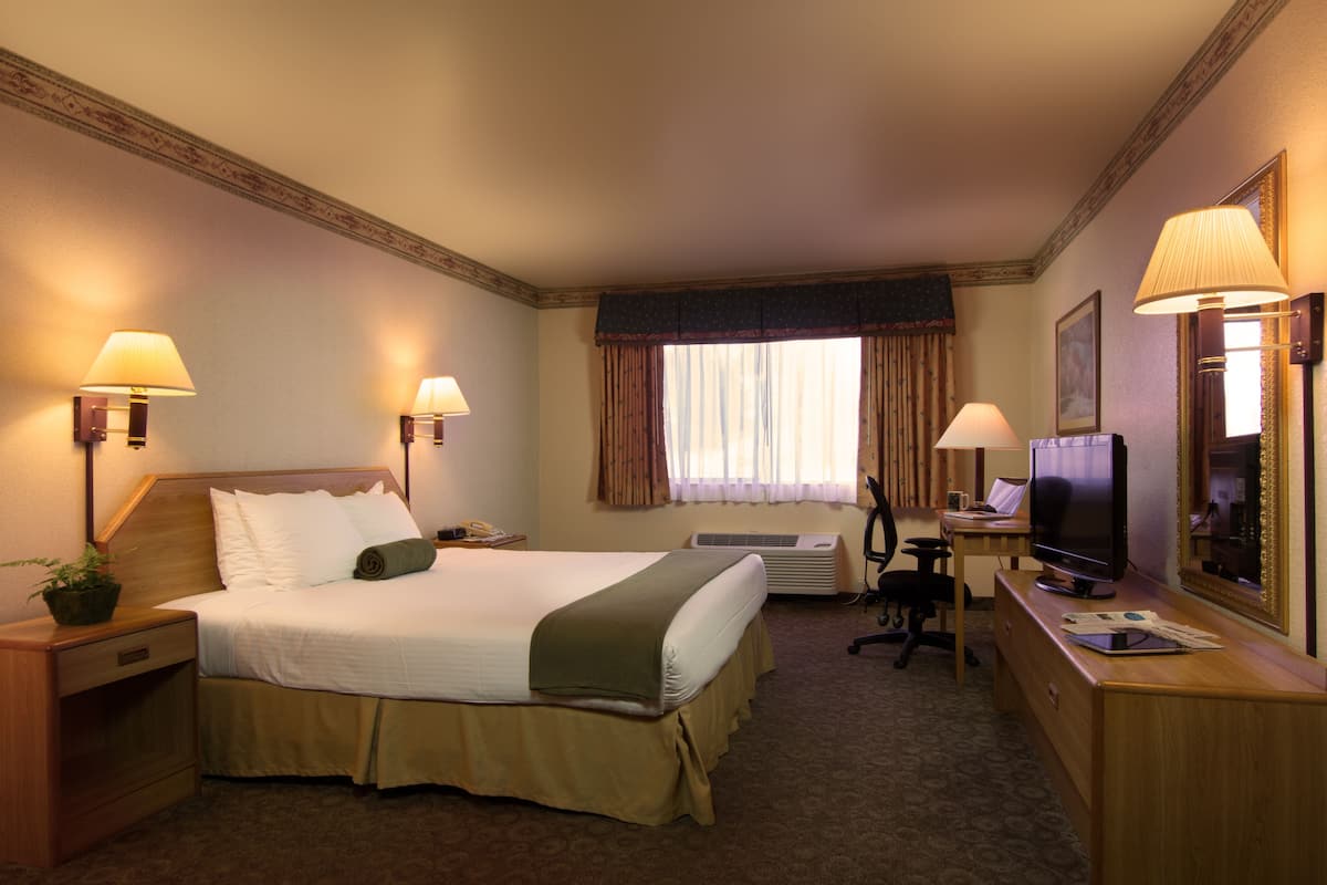 A hotel room with a large bed, two bedside tables, a desk with a computer, a television, and a window with curtains.