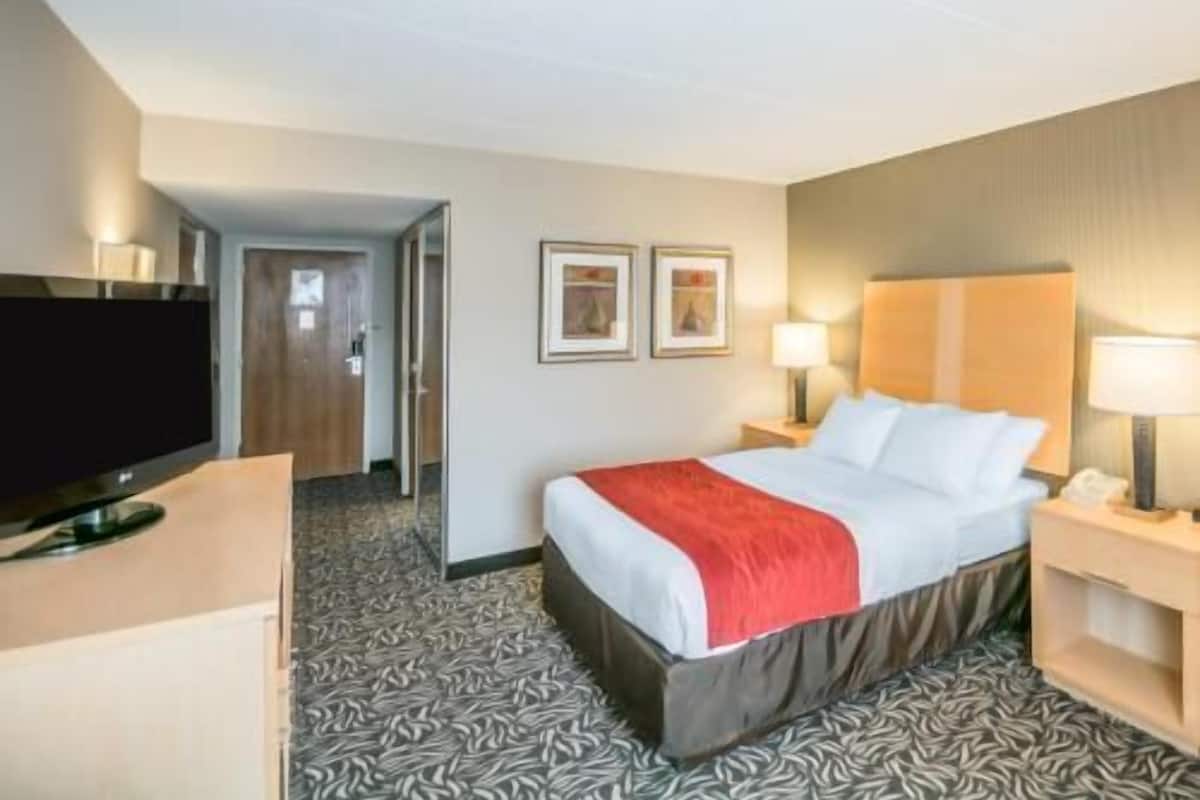 A hotel room with a bed, a TV, a desk, and a door leading to another room.