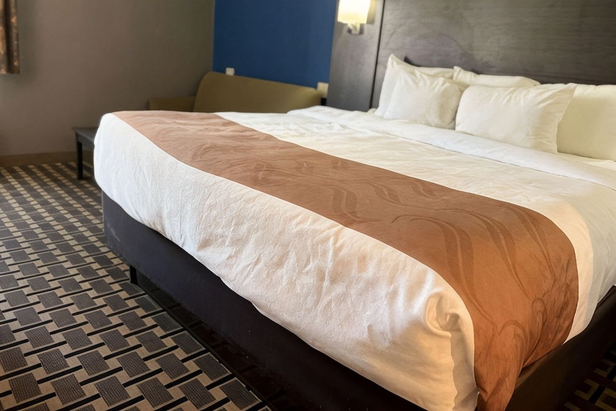 Une chambre d’hôtel avec un grand lit, une table de chevet et un sol à motifs.