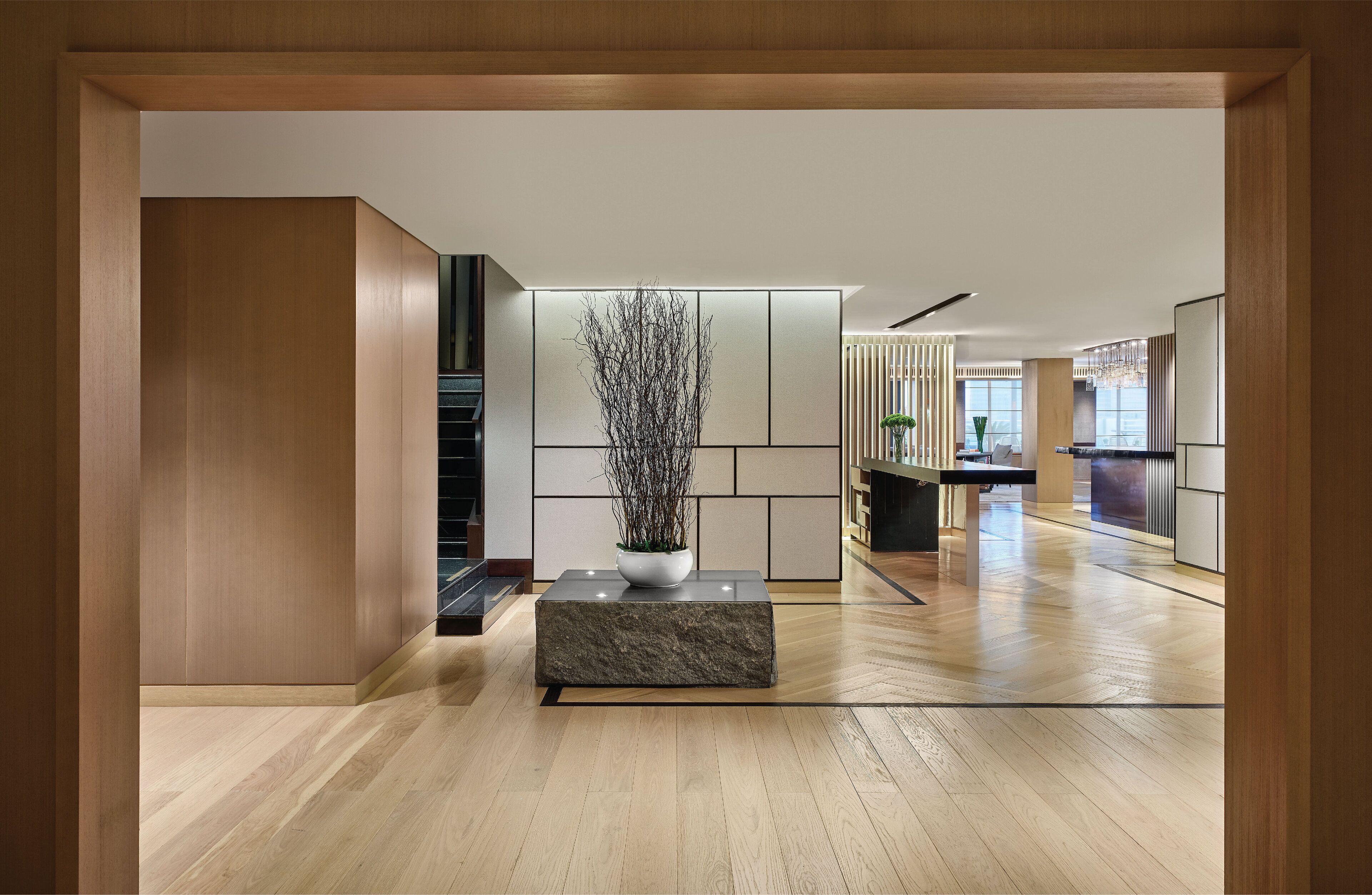 Un interior moderno con suelo de madera, un macetero central con ramas y un diseño minimalista.