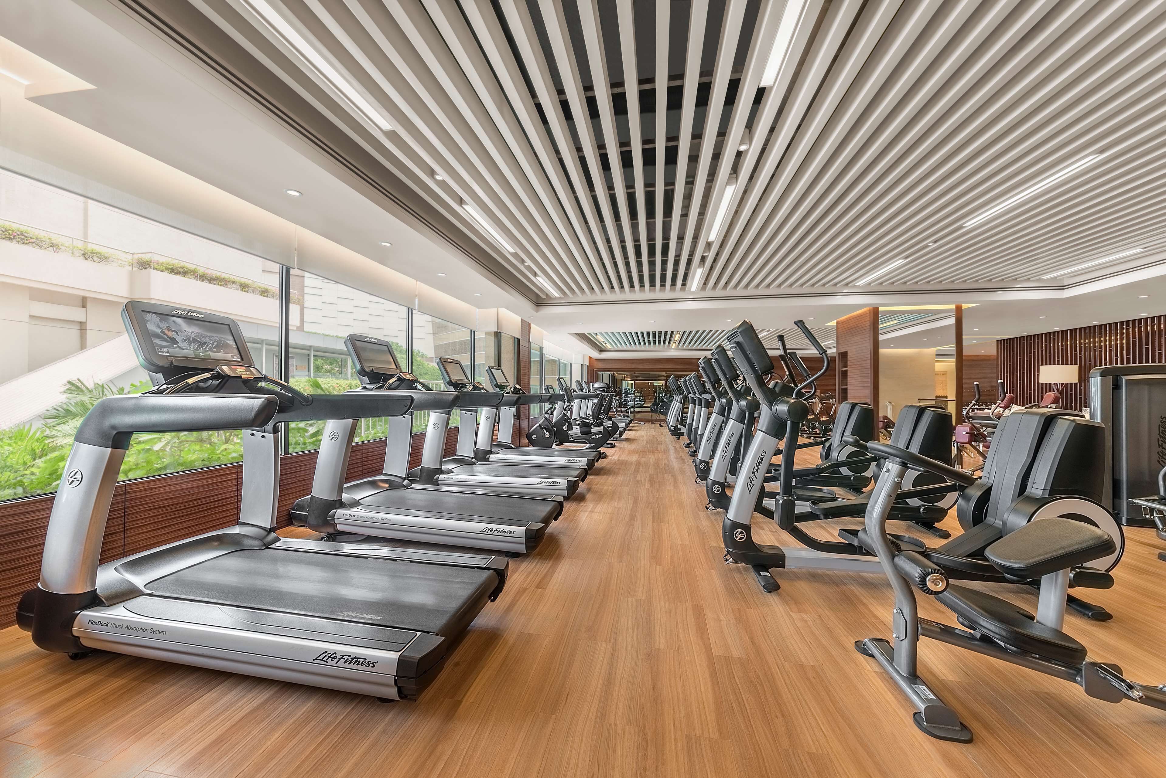 A modern gym with treadmills, elliptical machines, and weight stations.
