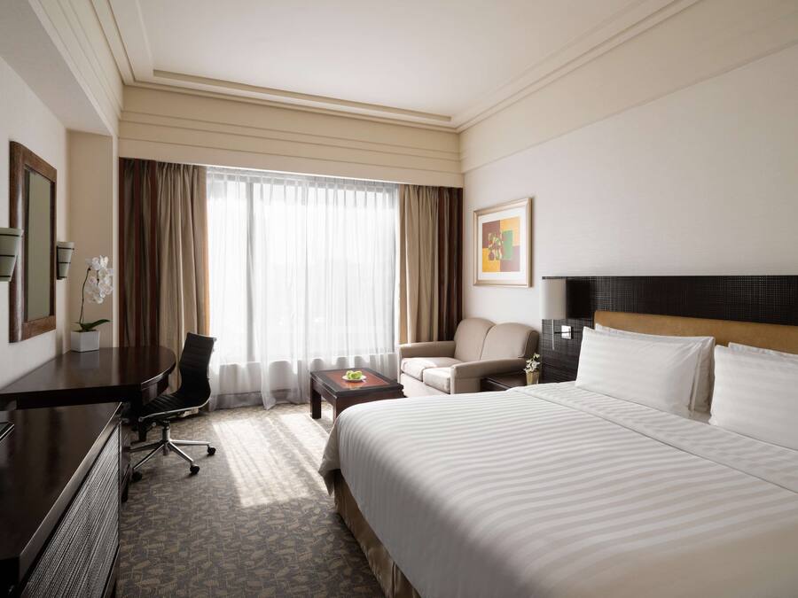 Habitación de hotel con una cama grande, un escritorio con computadora, una silla, una mesita con una planta y una ventana con cortinas.