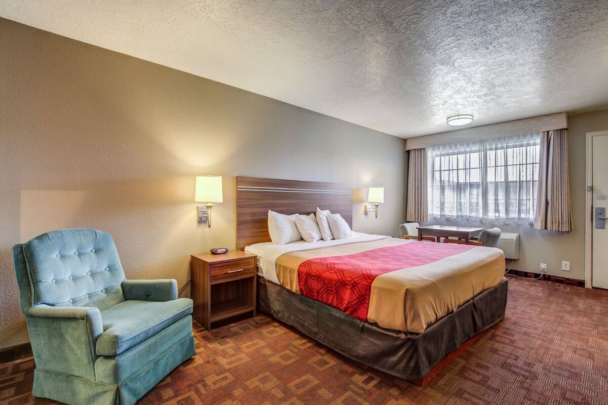 Une chambre d’hôtel avec un grand lit, une chaise, un bureau et une fenêtre avec des rideaux.