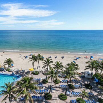 A beach resort with a swimming pool, sun loungers, and palm trees.